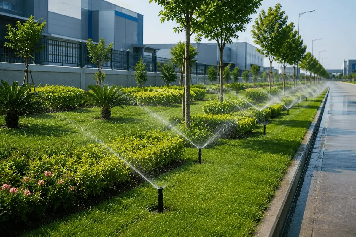 Smart irrigation network maintaining landscaped green belts around industrial and commercial developments with efficient water management.
